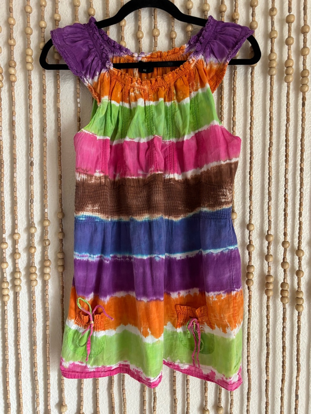 MAA Vintage Rainbow Striped Tie Dye Pocket Detail Smocked Waist Short Sleeve Top